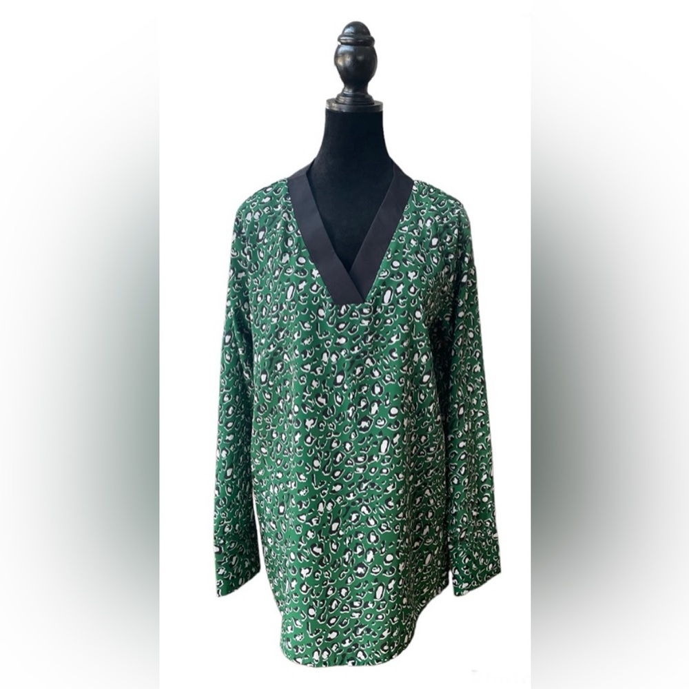 Anthony Richards: Green, White & Black Animal Print Blouse with Black Trim